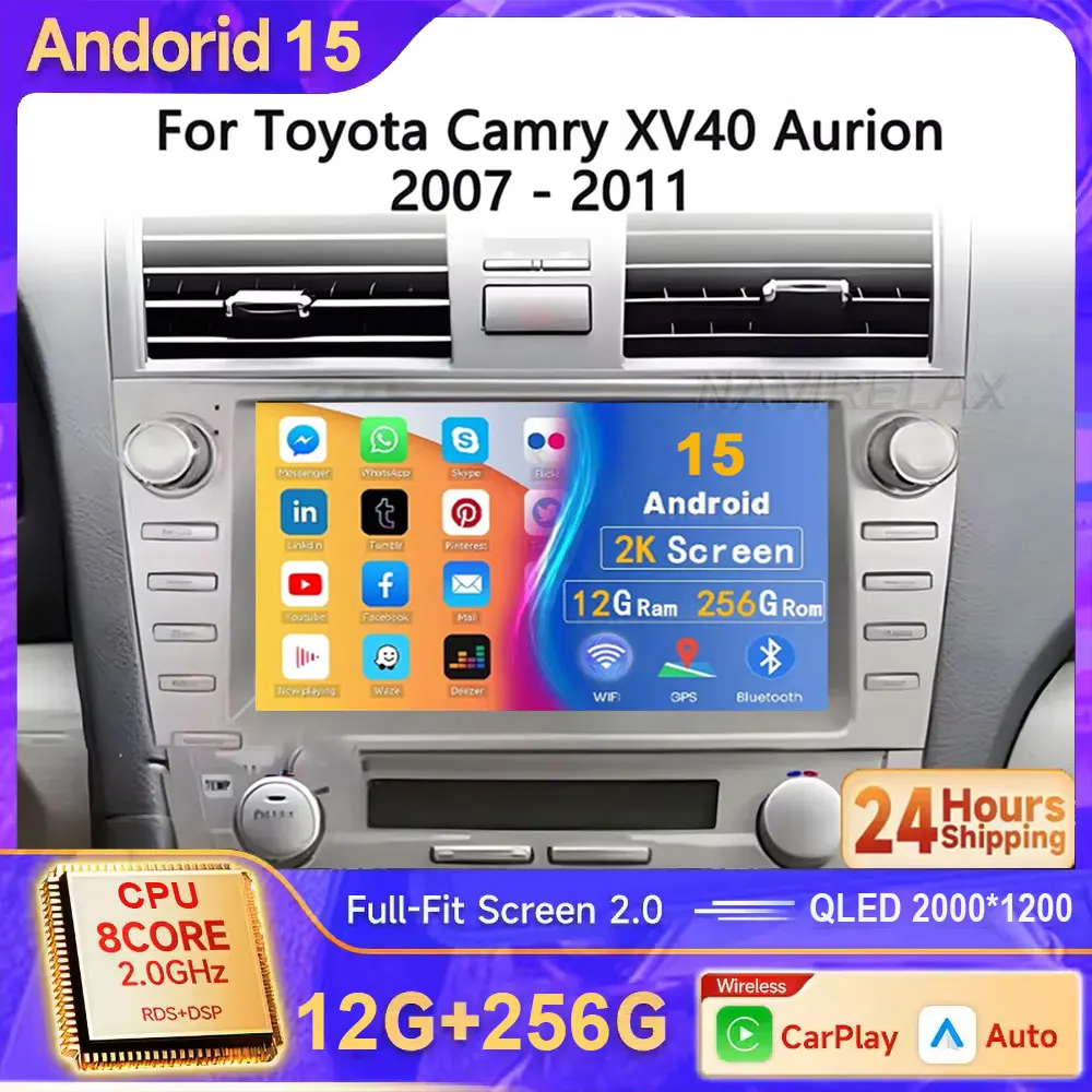 أندرويد 15 CarPlay لتويوتا كامري XV40 أوريون 2007-2011 سيارة مشغل وسائط متعددة لتحديد المواقع والملاحة واي فاي 4G ستيريو الملاحة
