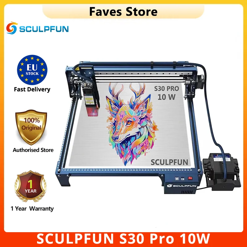 SCULPFUN S30 Pro 10W Laser Engraver Cutter, Automatic Air-assist, 0.06x0.08mm Laser Focus, 32-bit Motherboard, 410x400mm