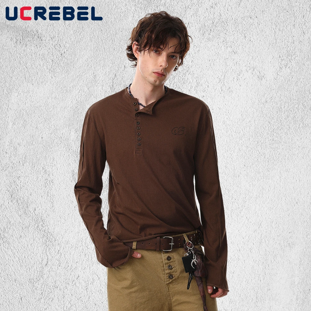 Button Decoration Long Sleeve T-shirt Mens Print Retro High Street Spring Henley Collar Tshirt Man Tee