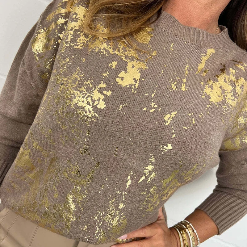 Autumn Vintage Metallic Color Women Sweater Casual Round Neck Rib Knitwear Top Pullover Winter Long Sleeve Loose Female Clothing