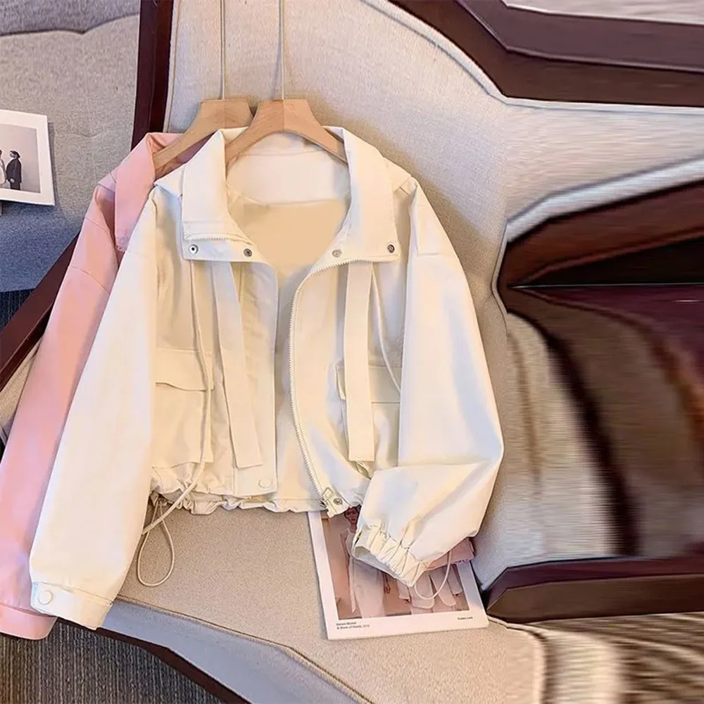 

Spring Autumn 2024 New Short Hooded Jacket Women's Lady Loose Thin Work Coat Tops Female Solid Casual Student Zipper Outerwear