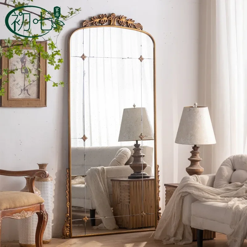 For French Romantic Home Decor Imitation Bronze Mirror Retro Wrought Iron Oversized Floor Standing Full Length Mirror Garden