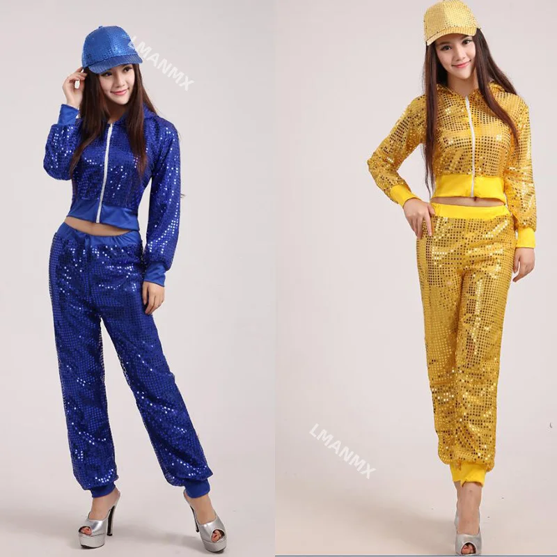 Girl Women Modern Sequined Hip Hop Dancing Tops+Pants Costume Men Party Performance dance wear Adult Jazz dance Clothing costume