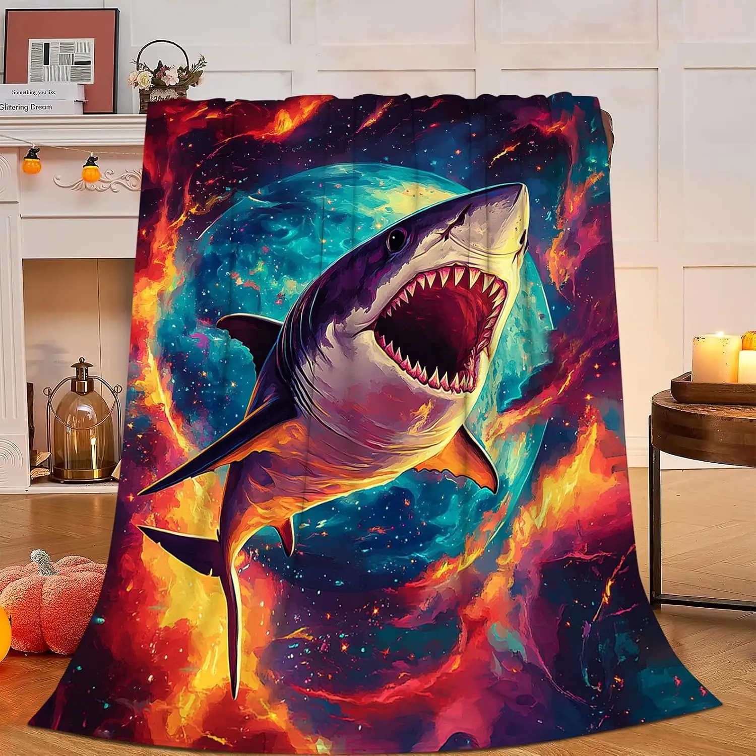 Vivid Rainbow Galaxy Big White Shark Flannel Throw Blanket Soft Cover for Couch Indoor Cool Ocean Space Aesthetic Home Decor