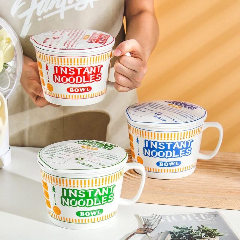 

Christmas Gift Japanese Creative Ceramic Bowl with Lid and Handle – Large-Capacity Instant Noodle Cup, Aesthetic Dinner Bow