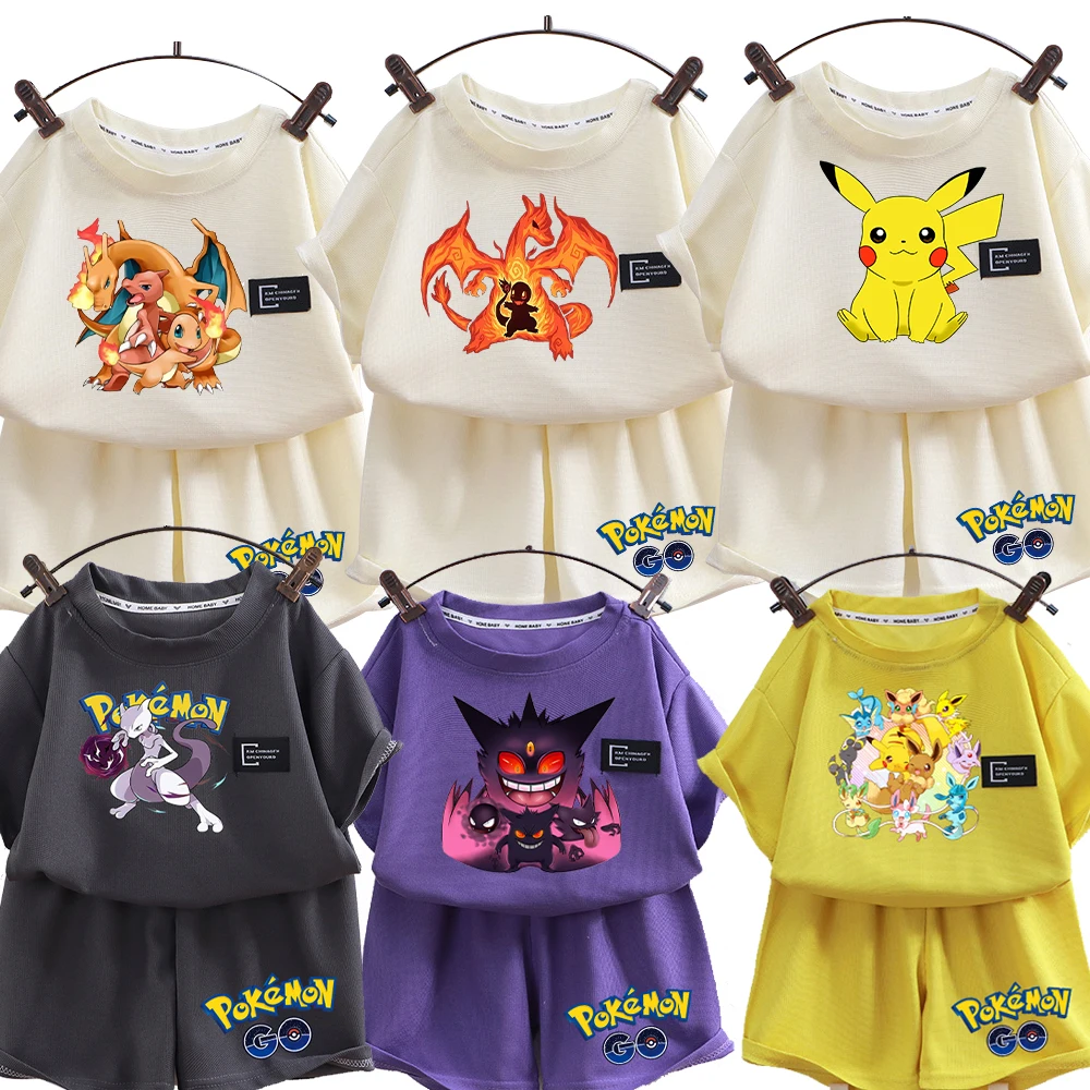 anime-pokemon-camiseta-conjunto-curto-verao-criancas-pikachu-gengar-charizard-roupas-menino-calca-dos-desenhos-animados-roupas-infantis-trajes-de-festa-presente