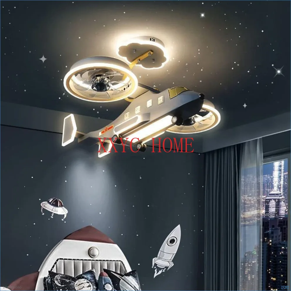 Children's Aircraft Light Fan Lamp Remote Control Boys' Room Cartoon Fighter Model Boys' Bedroom Ceiling Light