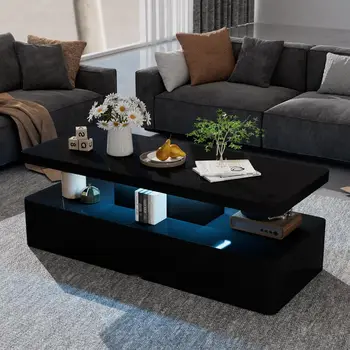 Image Modern Stylish Coffee Table with 16 Colors LED Lights, Double-Layer Design for Living Room, Black