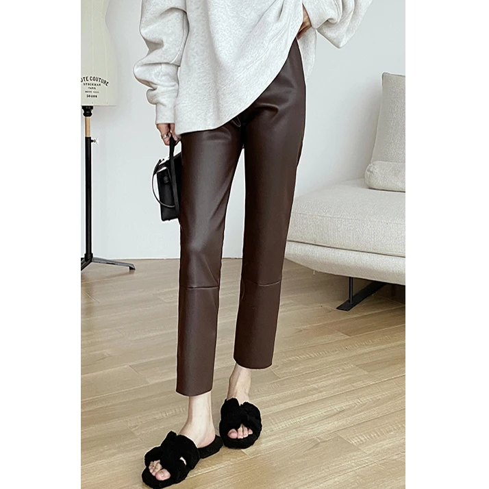 Autumn and Winter High Quality Artificial Lambskin Soft and Comfortable Elastic Waistband Slimming Cropped PU Leather Pants