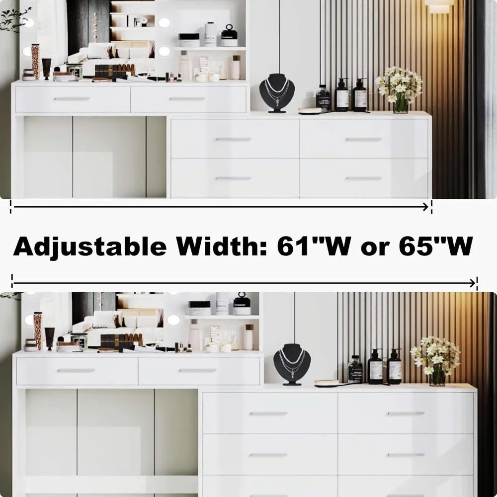 مجموعة مكياج كبيرة الحجم مع مرآة مضاءة بثلاثة ألوان، وطاولة ذات 8 أدراج ورف تخزين جانبي، وطاولة زينة كبيرة قابلة للتعديل #6