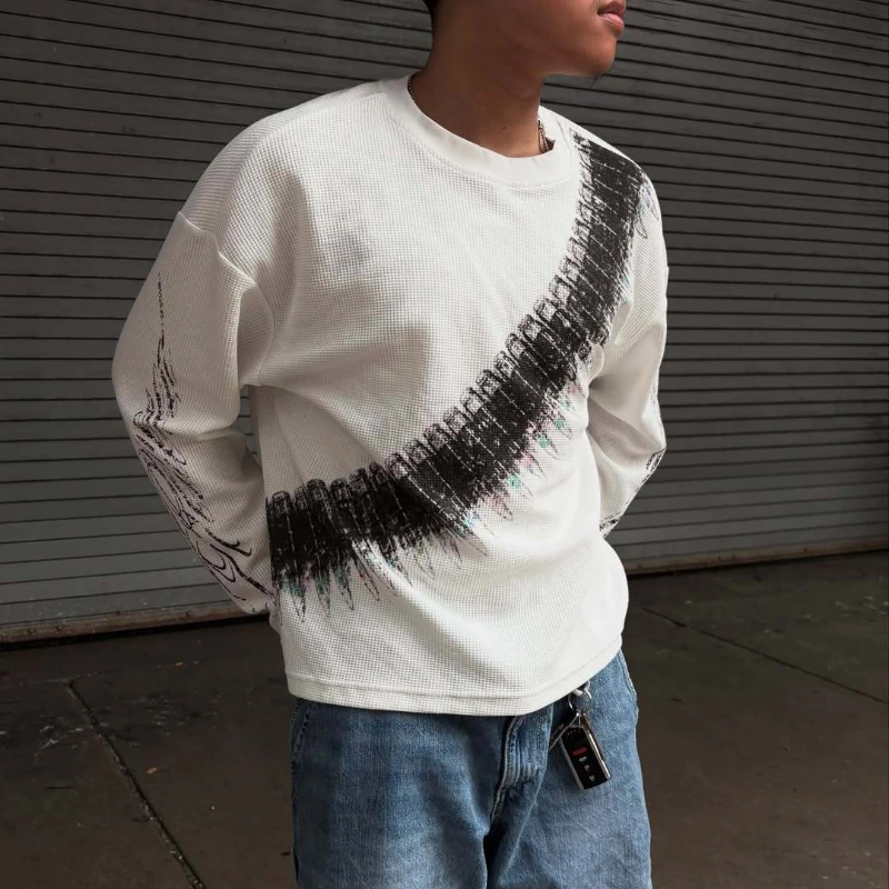 2025 جديد y2k رصاصة رسالة مطبوعة الأمريكية الرجعية كم طويل تي شيرت الشارع نمط عادية فضفاض الرجال والنساء #2