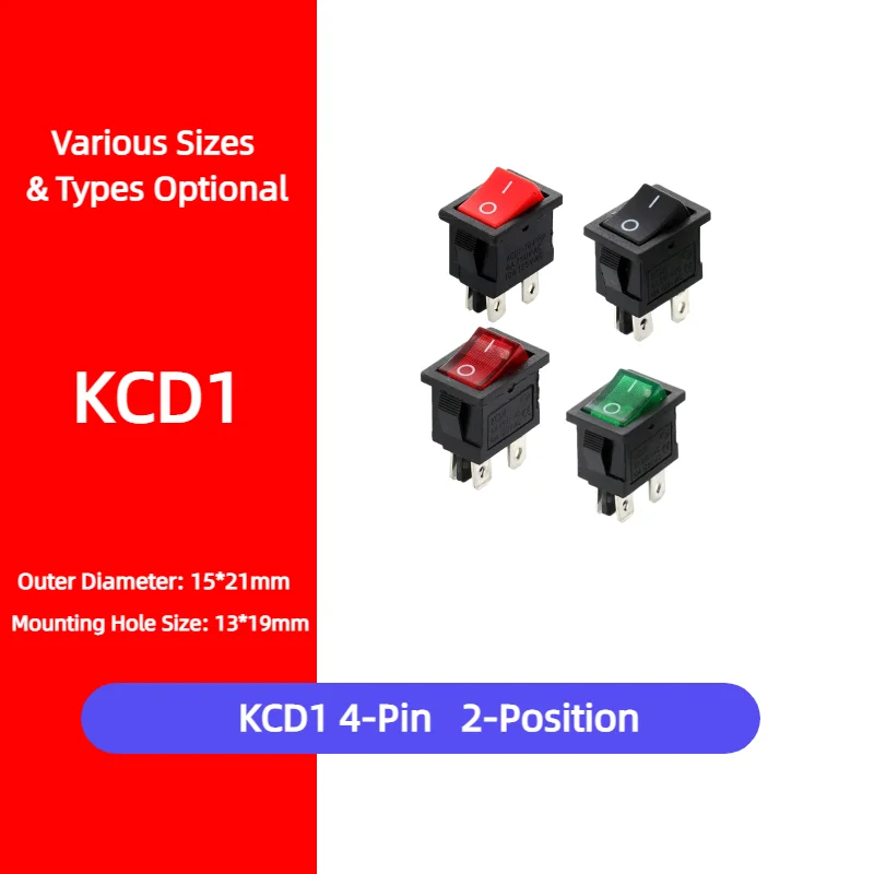 1 PCS KCD1 4-Pin 2 Position Illuminated Boat Car Rocker Switch 6A/10A 250V/125V AC Red Black Button for Auto Accessories