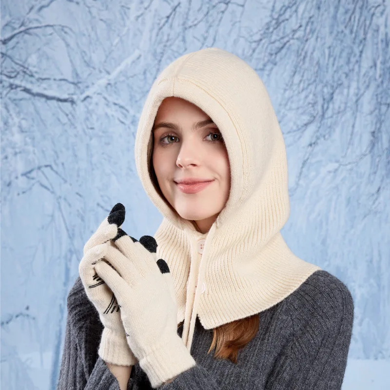 

Winter Warm Ear Protecting Knitted Gloves Hat Women Shawl All-in-One Pullover Woolen Cap Button Ski Outdoor