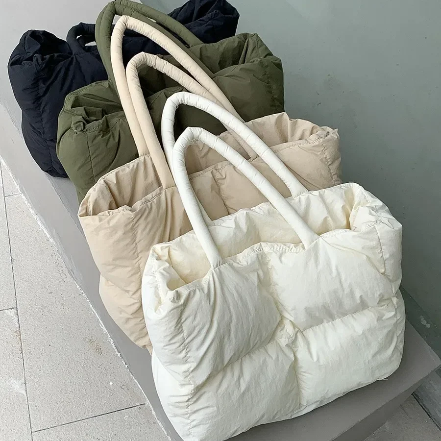 Katoenen Gewatteerde Tote Grote Gewatteerde Vrouwen Schoudertas Gezwollen Ruimte Handtassen Luxe Designer Tassen Voor Vrouwen Warm Soft Shopper