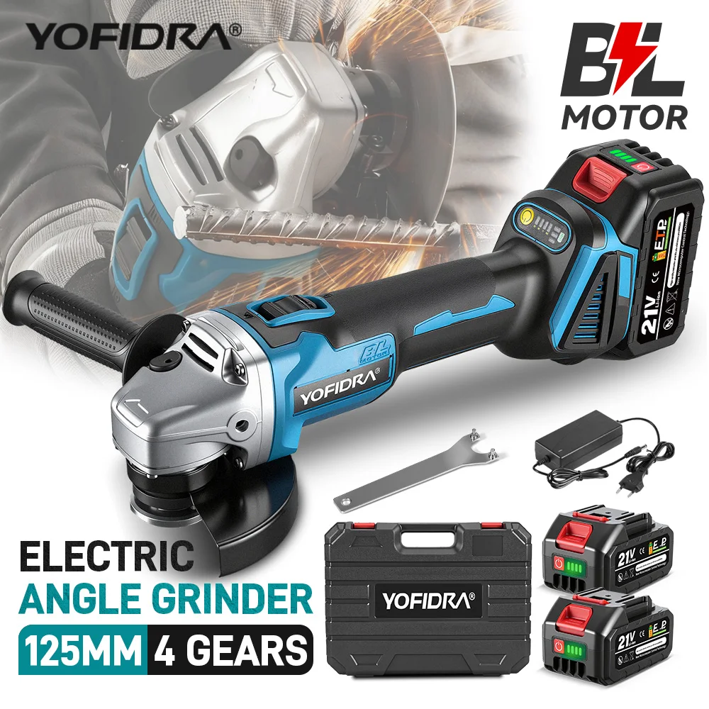 YOFIDRA 125mm Bürstenloser Winkelschleifer Kabellose Schleifmaschine Holzbearbeitungs-Elektrowerkzeug für Makita 18V-21V Akku