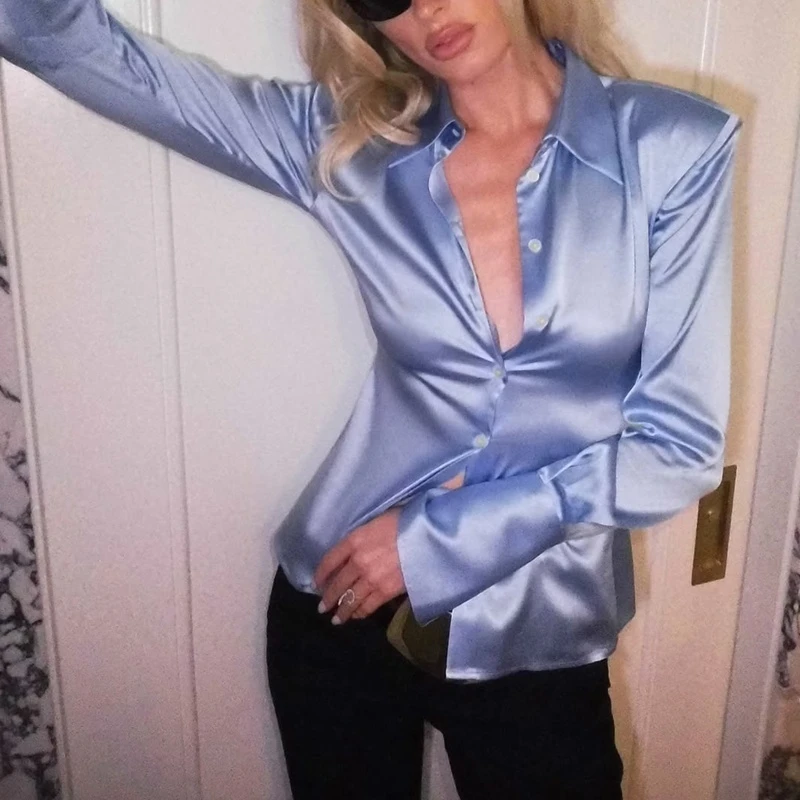 

Женские элегантные винтажные атласные шелковые рубашки с воротником на пуговицах с лацканами, облегающие блузки Y2k, шелковистые укороченные топы с длинными рукавами