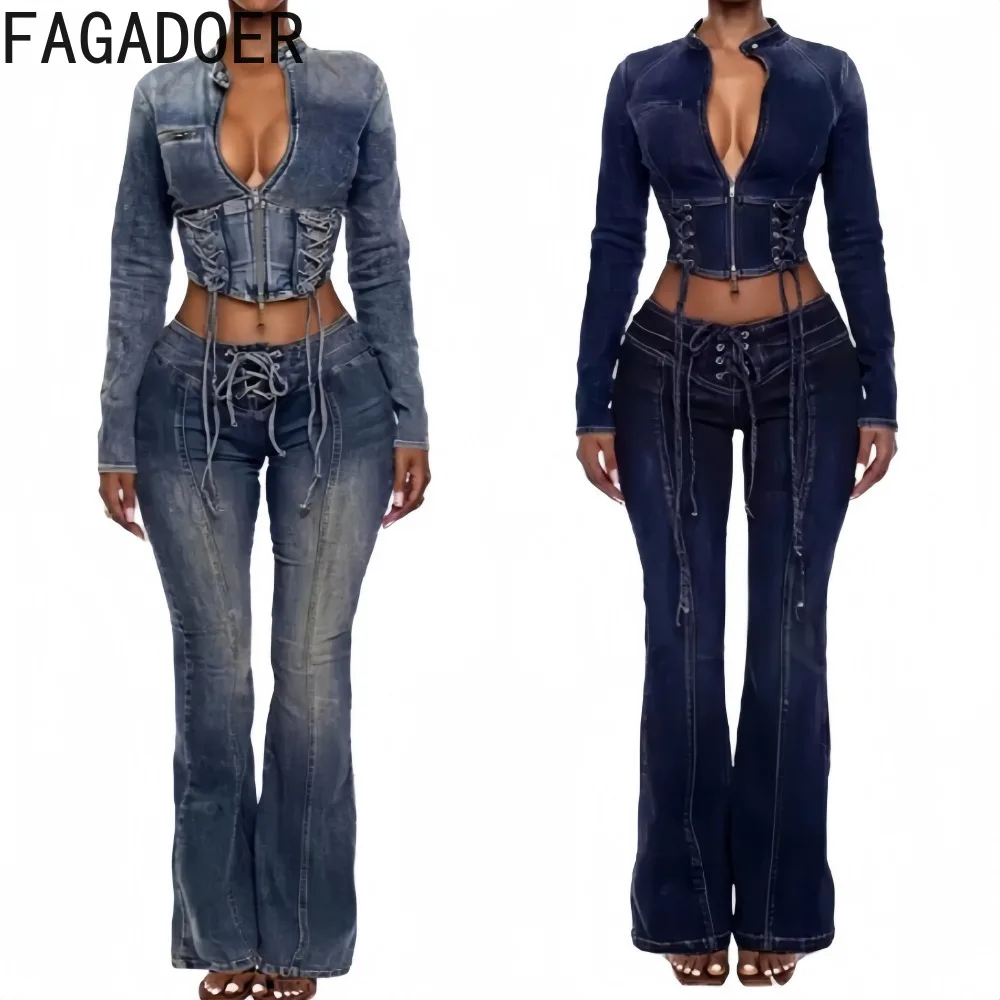 FAGADOER Women Stretch Washed Denim 2 Piece Set Corset Crop Jacket Lace Up Flare Jeans Sexy Bodycon Streetwear Outfit
