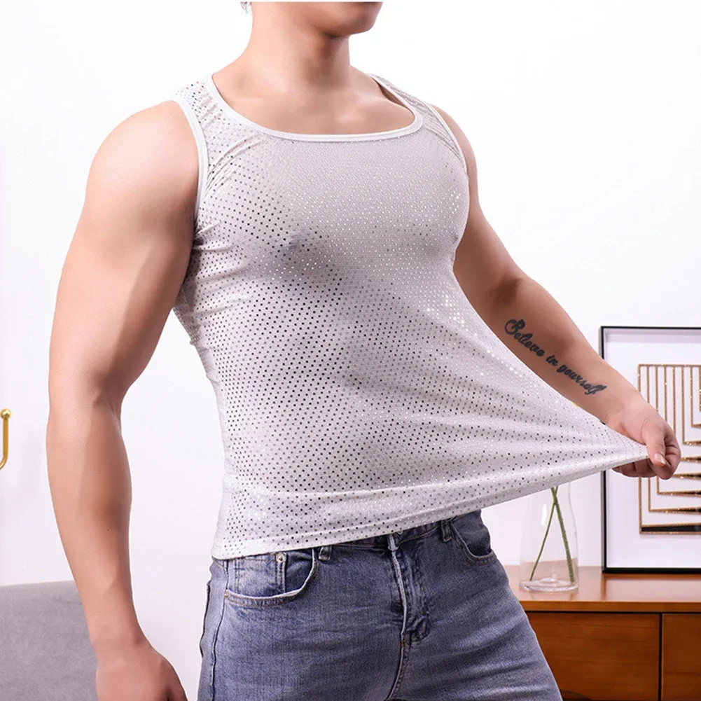 Sleeveless Muscle Top for Men Breathable Gym Training High Elastic Cool Feel Sports Vest Bodybuilding Gays Shiny Nightclub Tanks