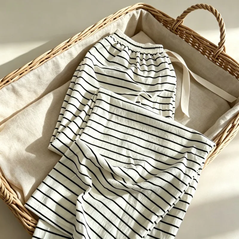 Pajama Pants Stripe Print Elastic Drawstring Waist French Fashion Simple Long Trousers Casual Autumn Soft Women Sleep Bottoms