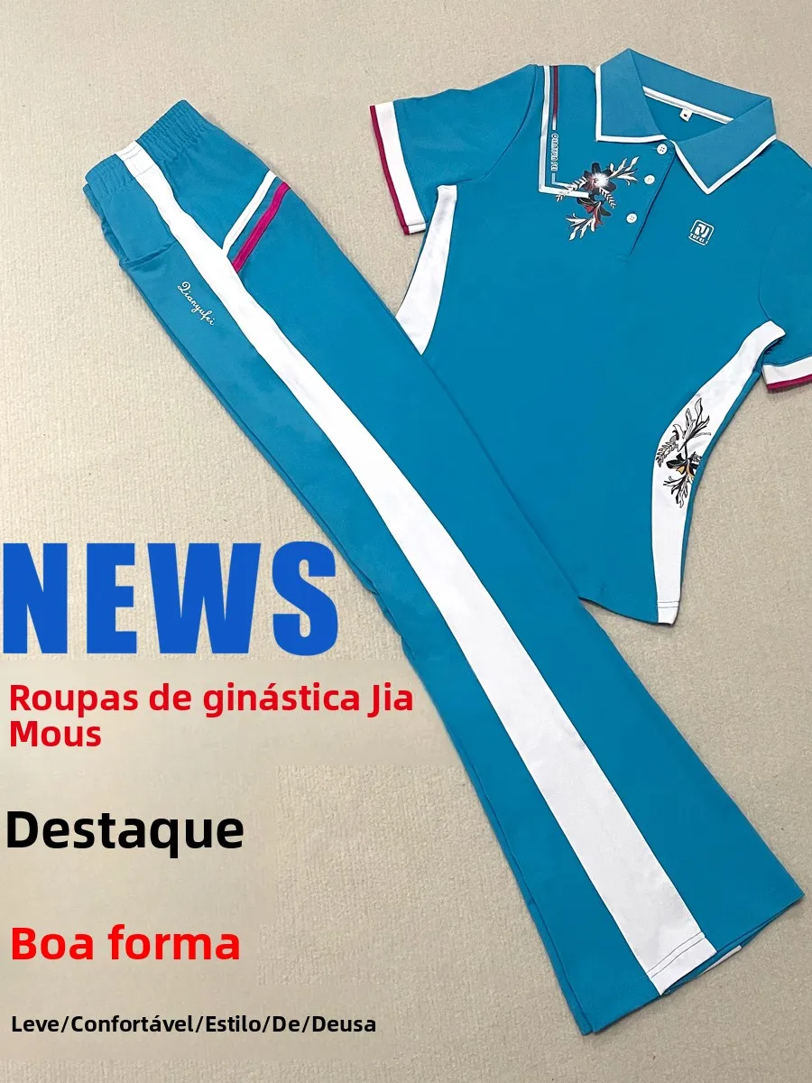 monaco-summer-new-short-sleeve-light-blue-thin-fitness-square-dance-set-sportswear-yoga-polyester-fabric-women's-slim-fit-outfit