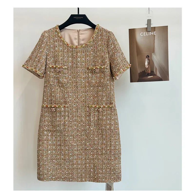 High Quality Luxury French Small Fragrance Gold Dress Round Neck Sequins Beaded Lace Loose Party Tweed Dress Women Summer