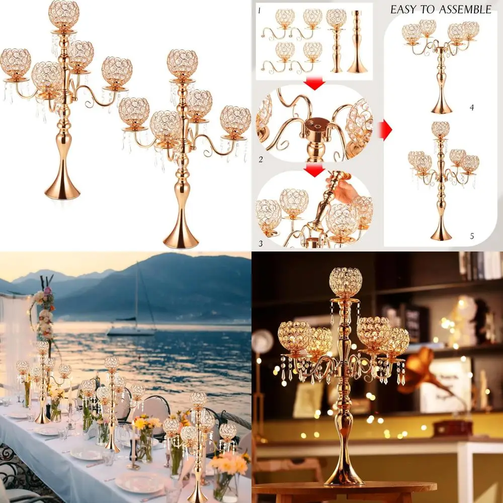 

Gold 5-Arm Candelabra Floor Chandelier with Crystal Pendants, 26 Inch Tall, Beaded Candle Holder for Centerpieces and Table Deco