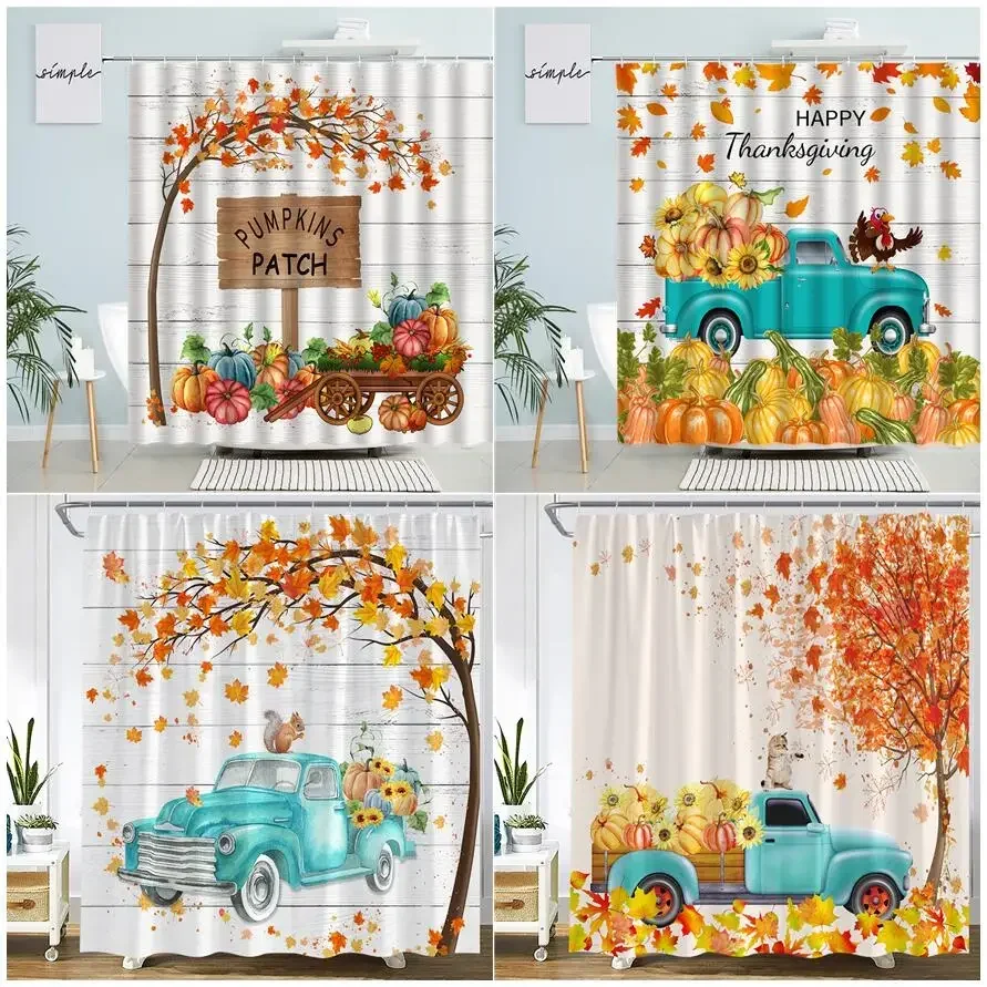 Autumn Farm Pumpkin Truck Shower Curtains Maple Leaves Tree Sunflower Squirrel Cat Harvest Bath Curtain Cloth Bathroom Decor Set