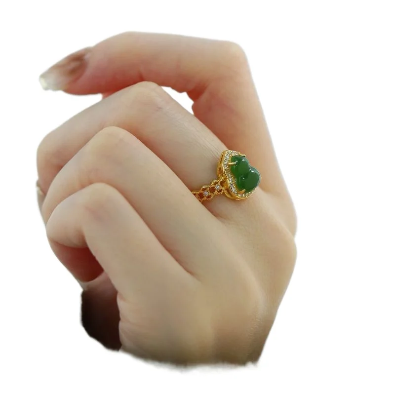 

925 sterling silver Hetian jade jasper gourd Fulu plated 18K gold female new Chinese national style ring