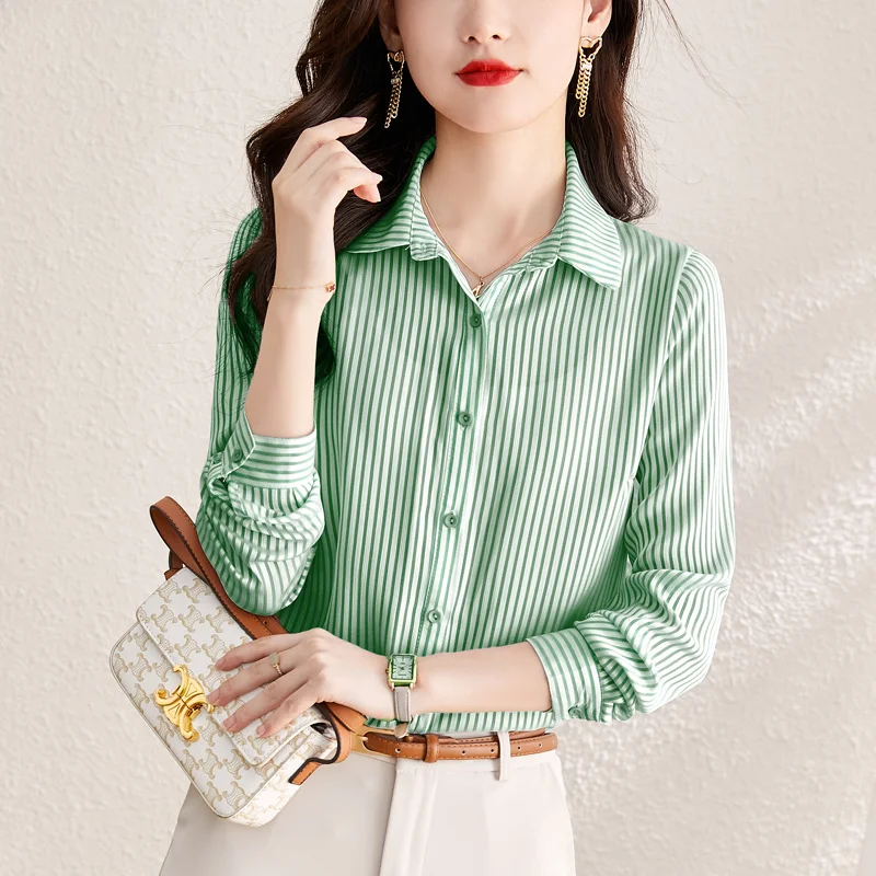 #2544 Spring Office Vertrical Striped Shirt Women Long Sleeve Regular Fit Womens Tops And Blouses Korean Style Elegant Shirts