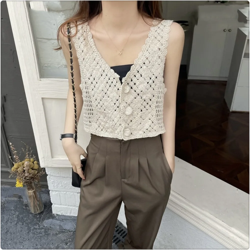 Fashion Sexy Pure Color Sleeveless V-Neck Hollow Ethnic Style Cardigan Women\'s Crochet Camisoles Knitted Tops Short Vest