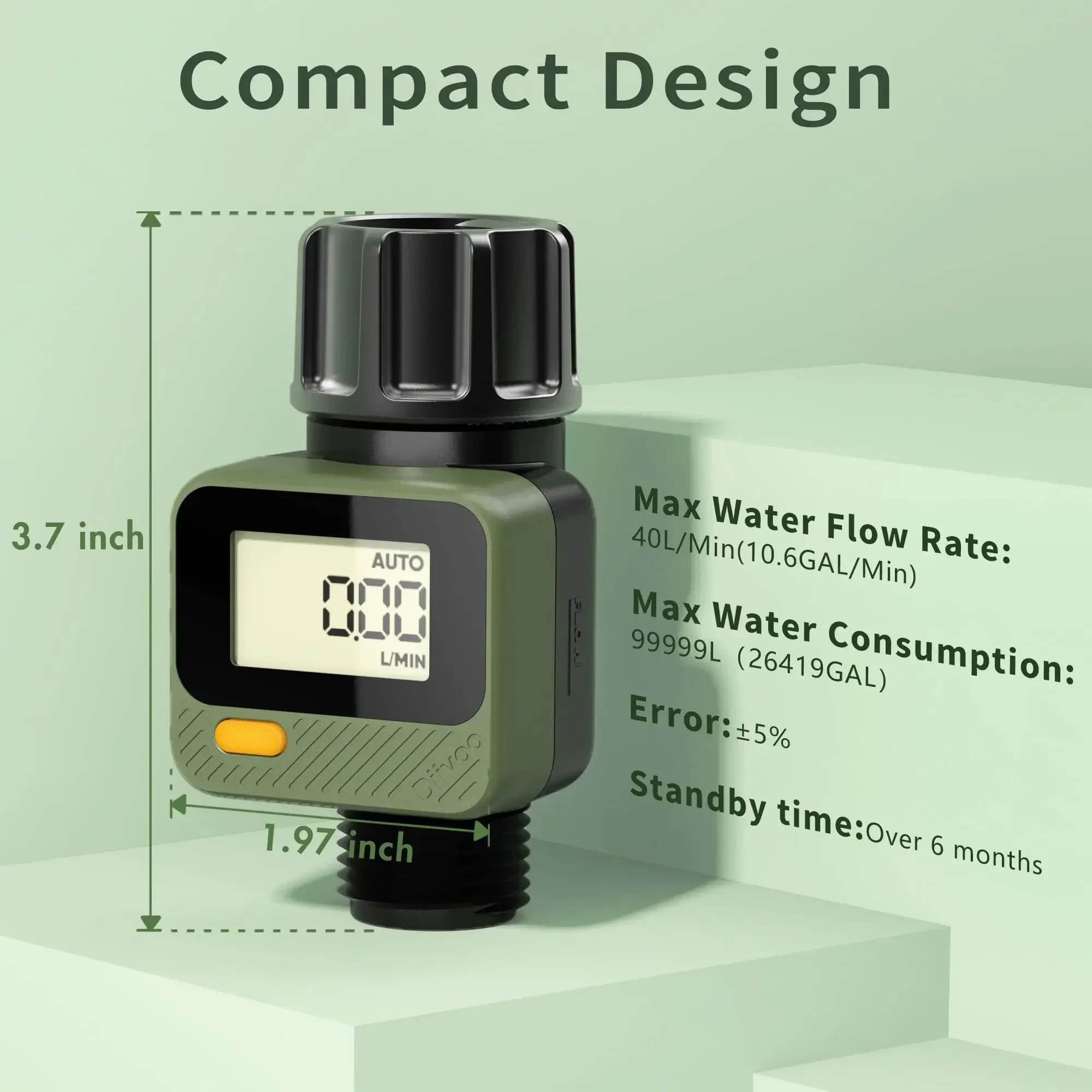 Diivoo Digital Water Flow Meter Hose Water Meter for Outdoor Garden Hose, Measure Consumption and Water Flow Rate 4 Measure Mode