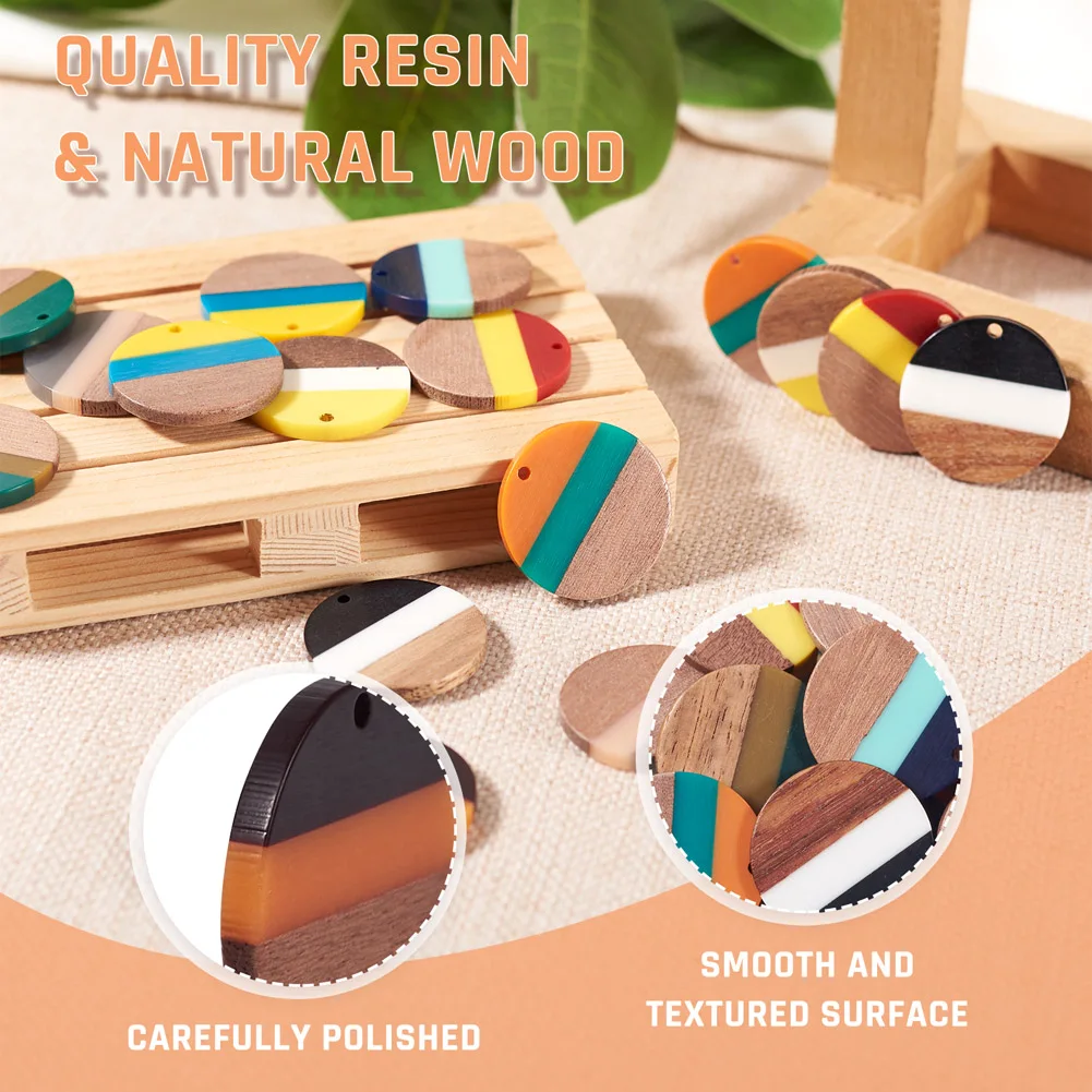 20Pcs Natural Wood Resin Charms Tri-color Flat Round Wooden Pendant For Necklace Earring DIY Jewelry Making Accessories