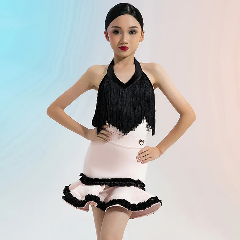 

2025 New Latin Dress Girls Black Fringe Halter Leotard Pink Skirt Set Kids Dance Performance Outfit Cha Cha Samba Costume 2035