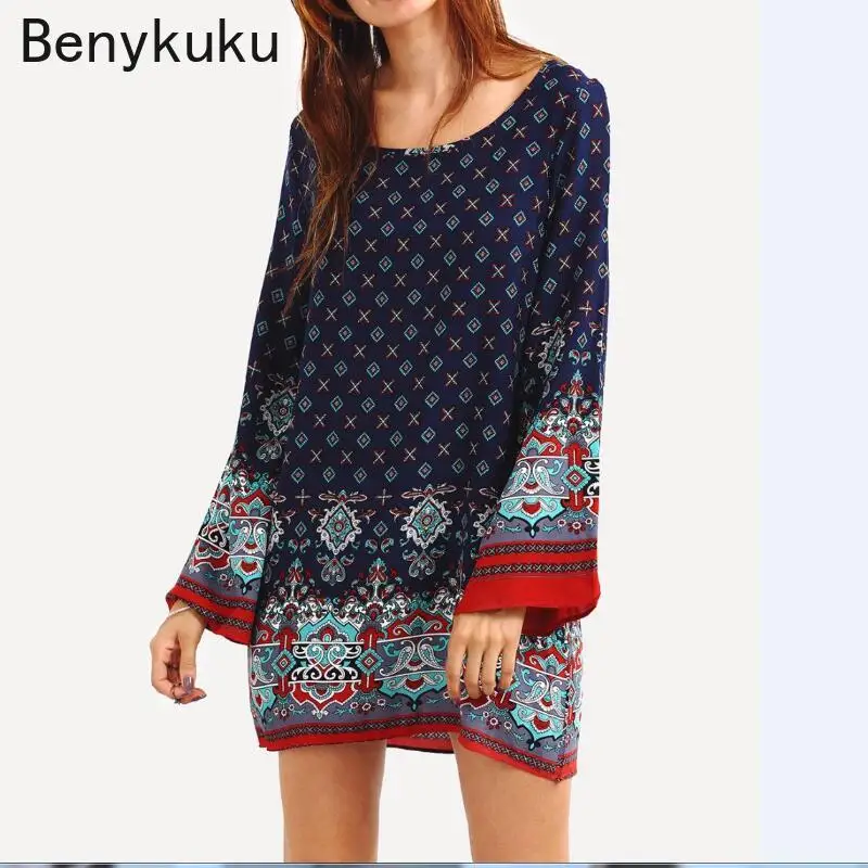 Kobiety lato luźna sukienka plażowa etniczne barokowym nadrukiem Mini na co dzień sukienka vintage szlafrok plus size Boho Hippie odzież damska Vestidos