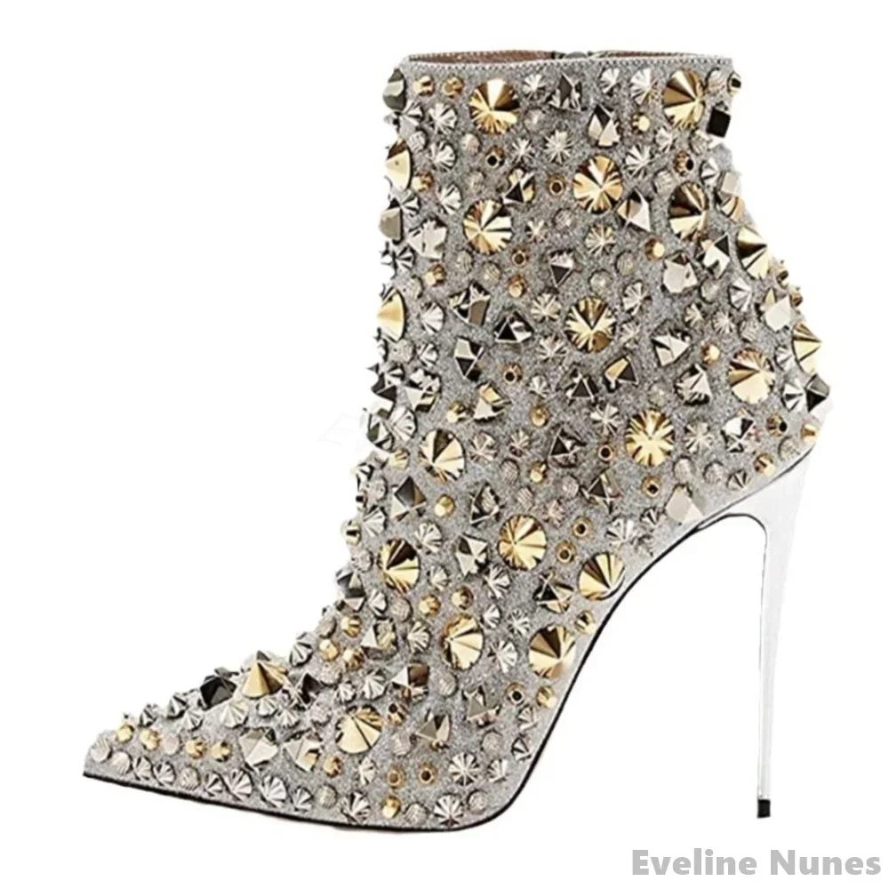 Shiny Rhinestone Ankle Boots Women Black Pointed Toe Stiletto Heel Side Zipper Short Boots 2025 New Fashion Catwalk Party Boots