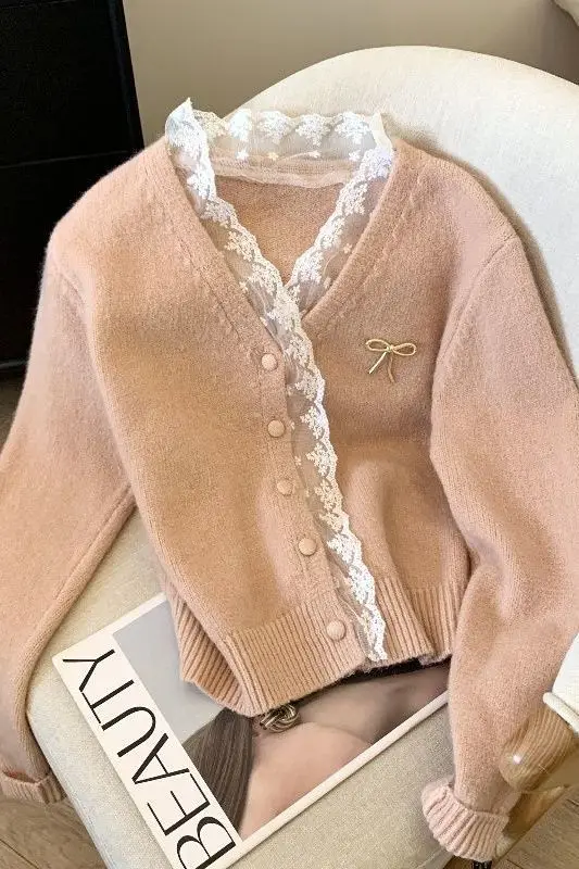 

​​Luxury French V Neck Cropped Cardigan Slim Fit Lace Trim Knit Top Women Winter Soft Touch​​