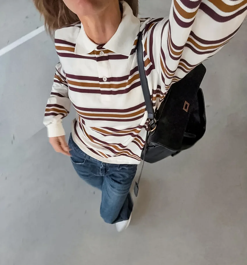 

Retro Contrast Color Striped Knitted Tops Women 2025 Autumn British Style Lapel Casual Versatile Long-sleeve T-shirt Tops