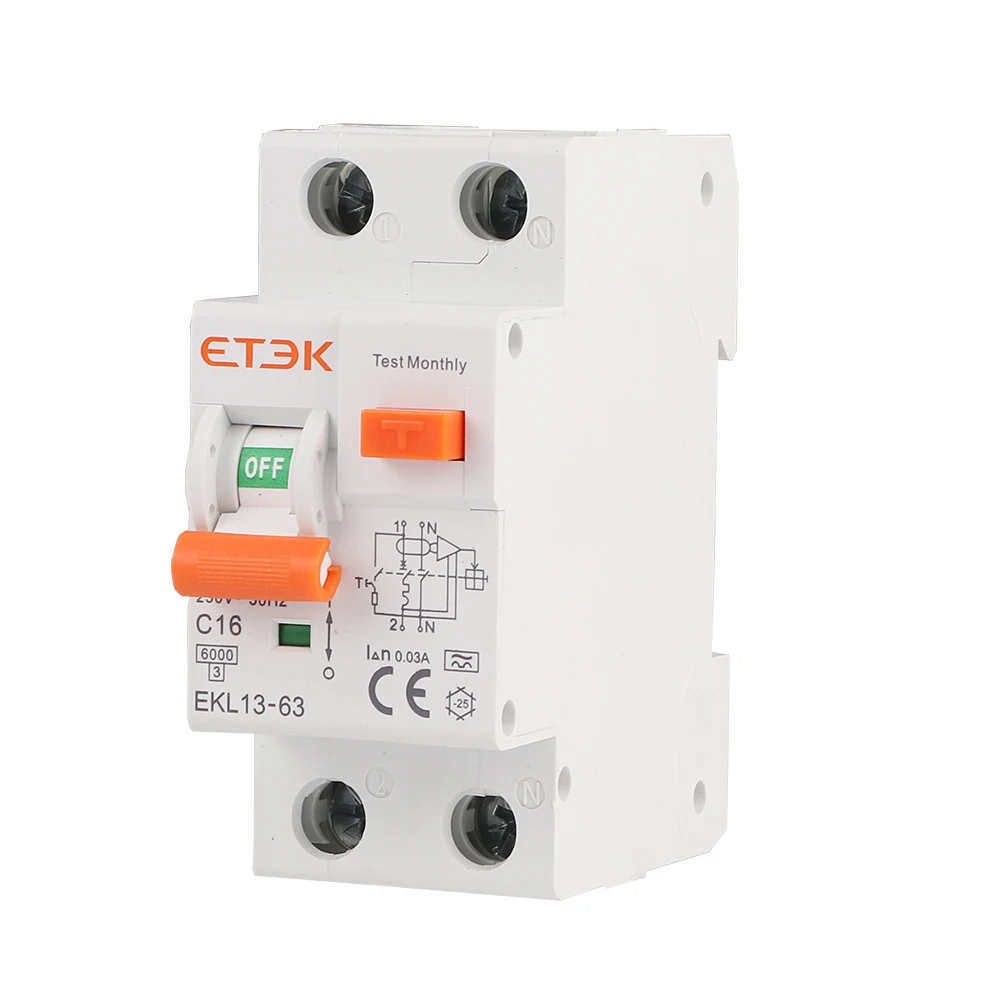 ETEK Low Voltage A Type 30mA 2P Residual Current Circuit Breaker MCB 230V Overload Short Current Leakage Protection RCBO EKL13