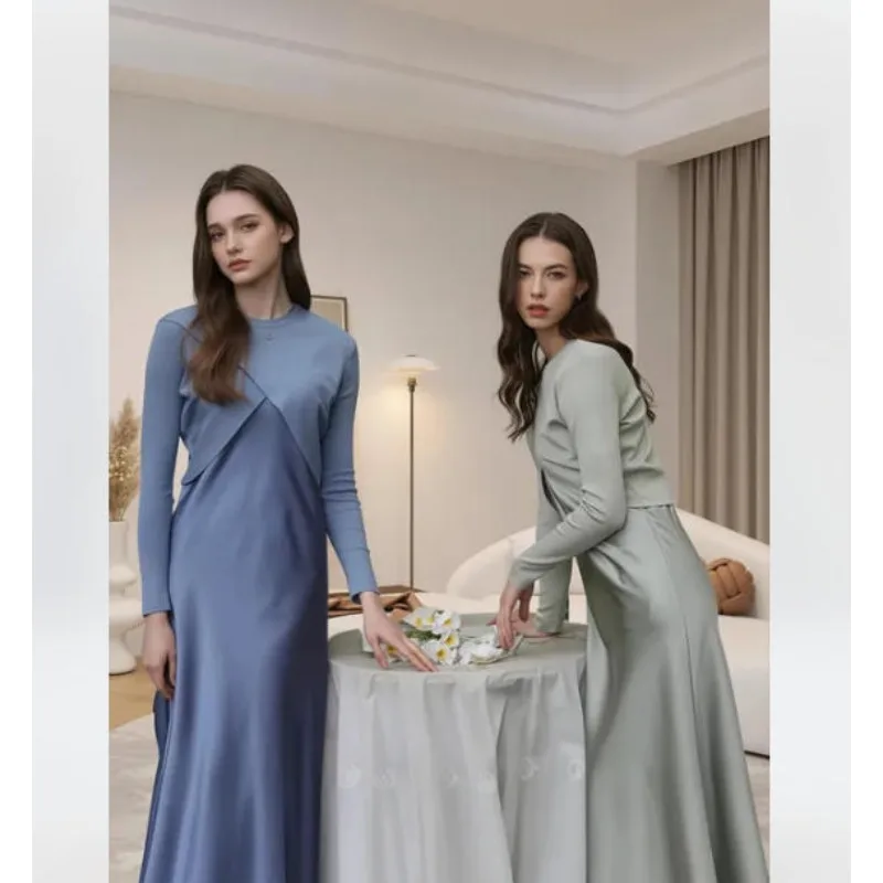 

Luxurious and Elegant Satin Dress Solid Color Two-piece Set for Women 2026 Summer New Stylesimple Elastic Waist Cross Top