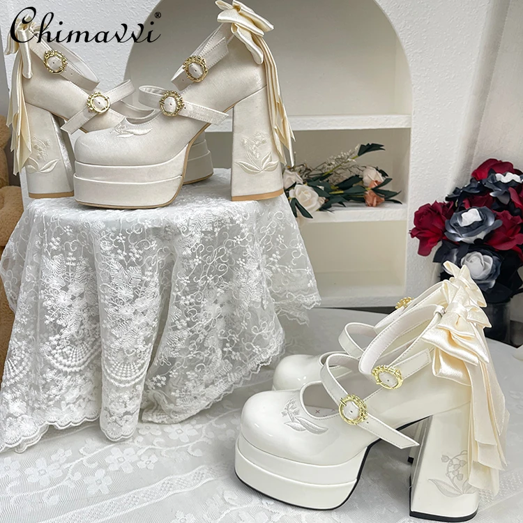 

Original Waterproof Table High-heeled Satin Bow Mary Jane Shoes Princess Sweet Girl Lady Elegant Lolita High Heels 2025 New