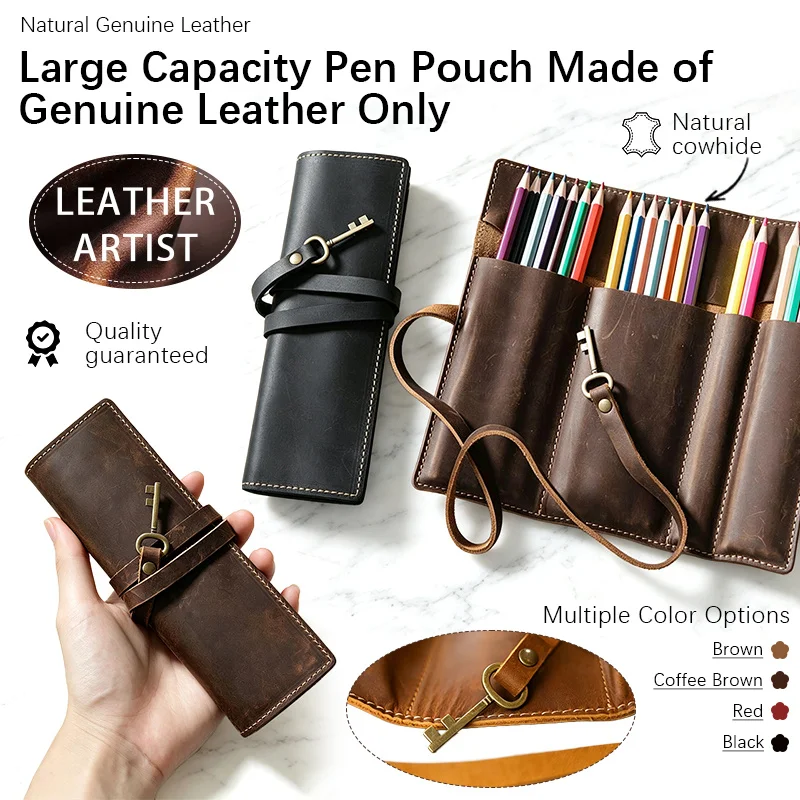 Astuccio in Pelle Arrotolabile Fatto a Mano con Design a Tripla Clip, Porta Cancelleria Multiuso in Pelle Bovina Vintage 18.5x6.5x2cm