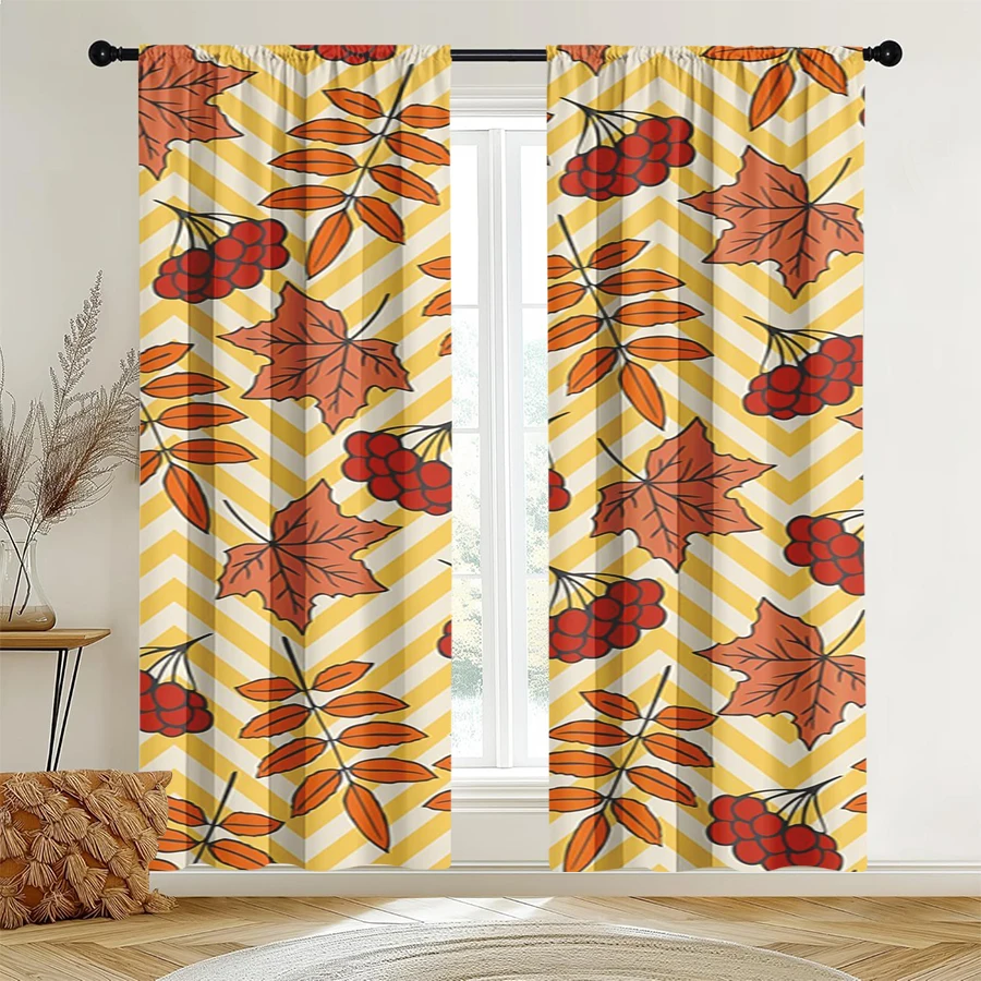 2PCS Digital Print Curtain, Autumn Leaves with Berries, Yellow Chevron Background Fall Style for Living Room Bedroom Decor