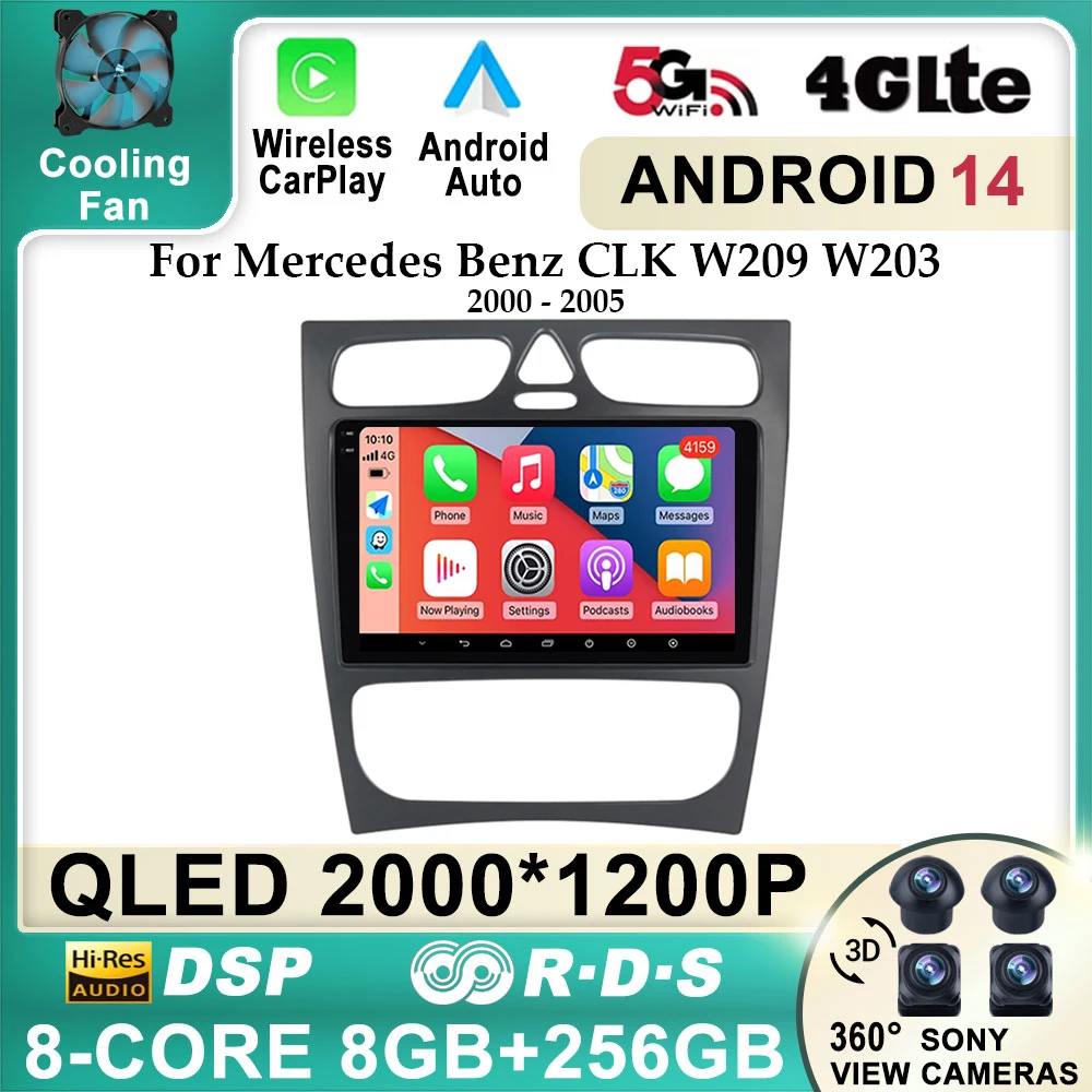 9Inch Android 14 Car Radio For Mercedes Benz C Class CLK Class W203 W209 W168 W209 Multimedia Player 4G+WIFI No 2din DVD GPS DSP