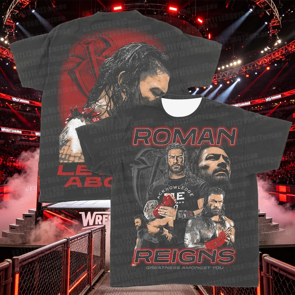 Camiseta Masculina 2026 Roman Reigns Ripple, Estilo Wrestling, Solta e Casual, para o Verão, Streetwear, Conjunto Pai-Filho