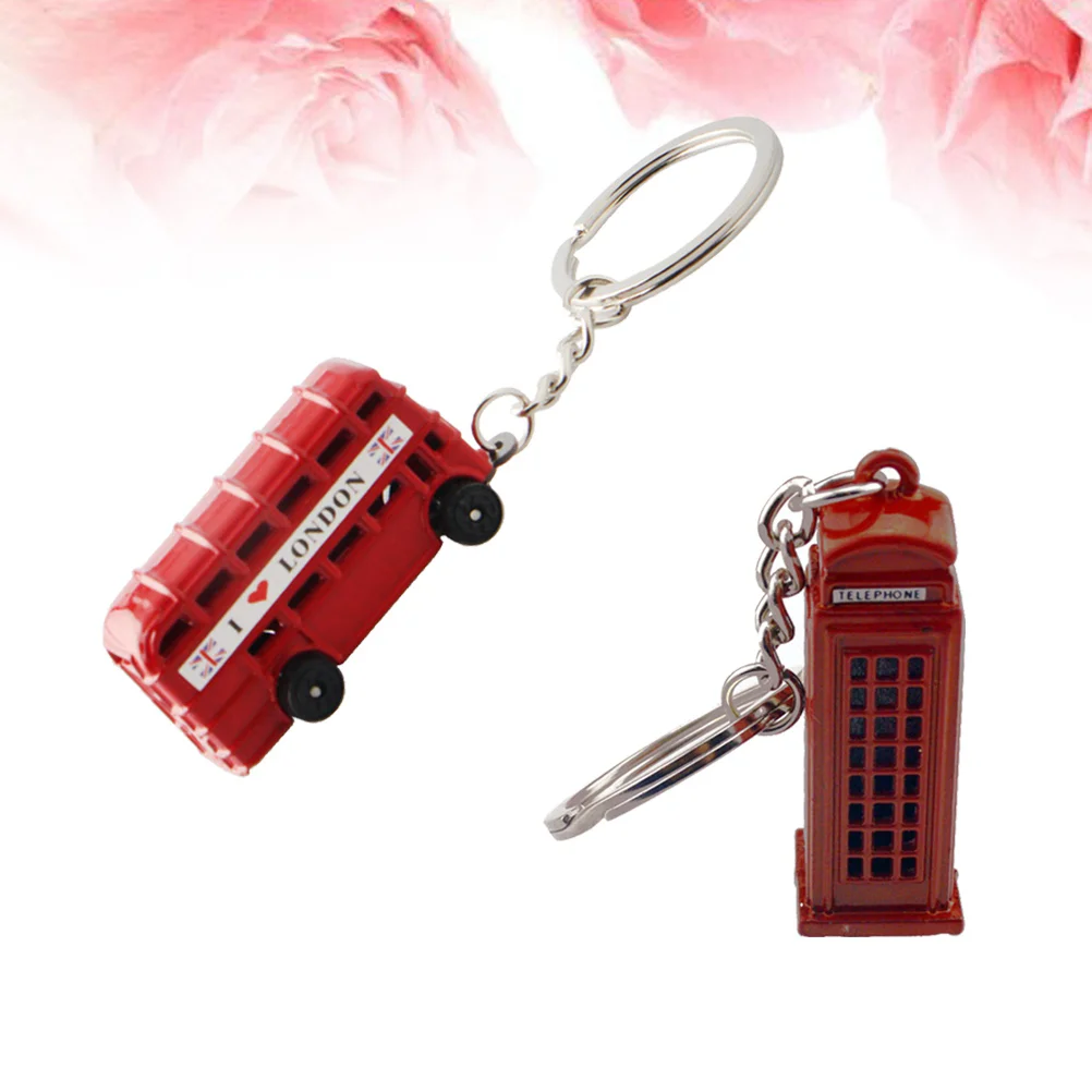 

4 Pcs Key Holder Metal Chain Phone Booth Double Deck Bus Keychain Car Mirror Keyring