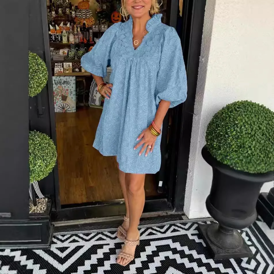 

Dress Women Spliced Lace Puff Sleeve Dresses A Line Stand Collar Loose Sexy Knee Length Slight Strech Summer 2025 Vestidos