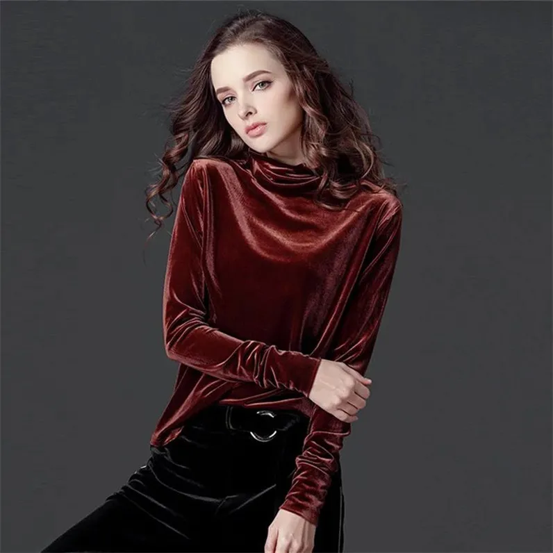 2024 Korean style women Autunm turtleneck velour shirt office lady black green blue Winter velvet Blusas ropa para mujer shirts