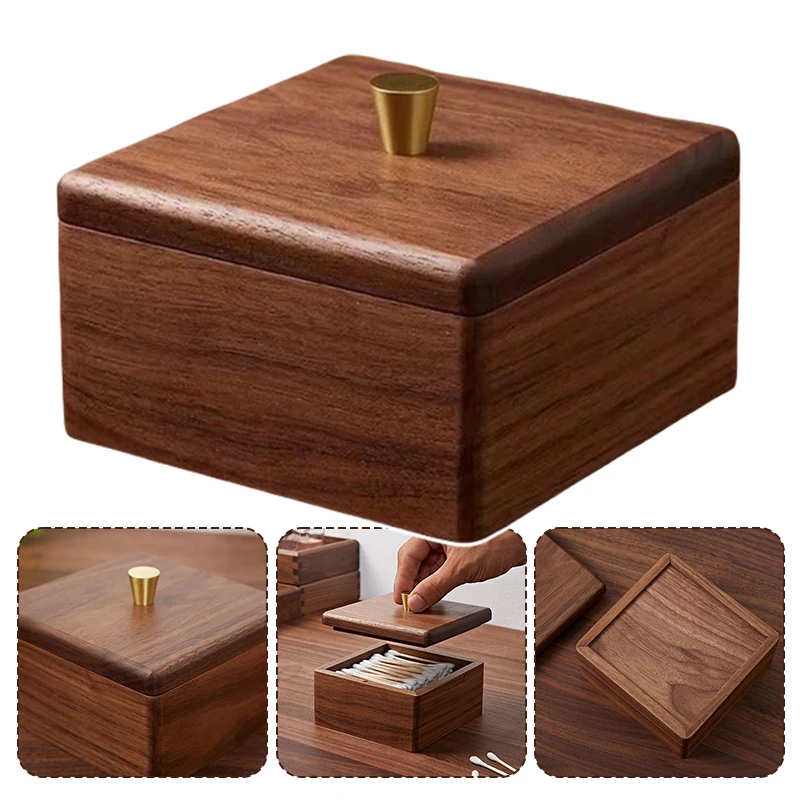 Wooden Storage Box Bathroom Jar Makeup Organizer Cotton Pad Holder Cotton Swab Box Holder Dispenser With Bamboo Lid