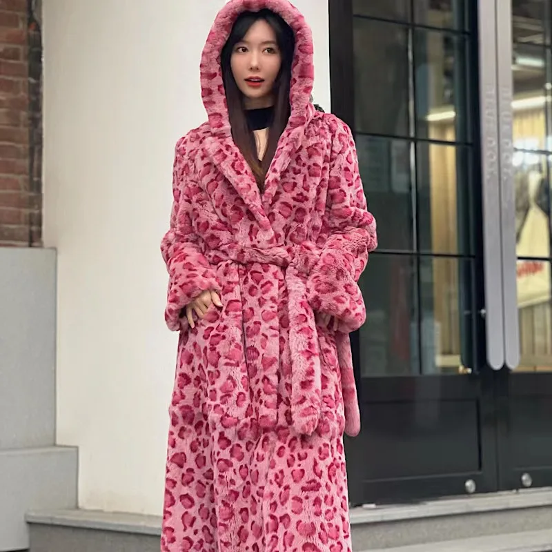 2022New Winter Women Real Hooded Rabbit Fur Coats   Fashion Long Pink Leopard Simple Warm Ladies Outerwear Luxurious Street