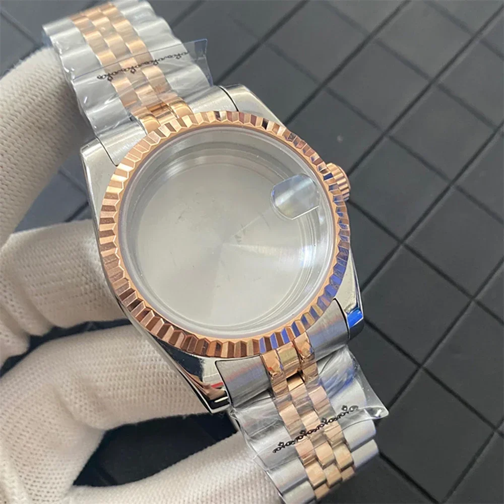 39mm Silver Rose Gold Stainless Steel Case Strap Set Sapphire Glass Watch Case Fits NH35 NH36 Movement Men Watch Assembly Parts